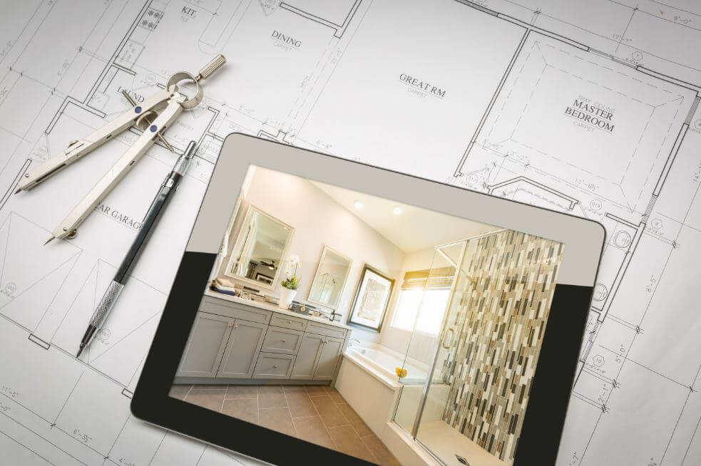 Tablet displaying 3D rendering of a bathroom remodel